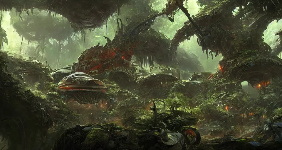 Image similar to crushed alien spaceship in jungle, concept art by darek zabrocki, tyler edlin, jordan grimmer, neil blevins, james paick, natasha tan, highly detailed, ultra detailed, ultra realistic, trending on artstation