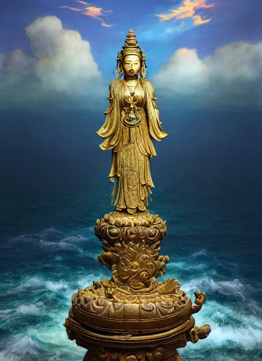 Image similar to guanyin stand on big loutus, a godness of the southern seas, a realistic setting with muted colors, visual novel cover, by yoshitaka amano, zeng fanzhi, jane hamilton, tiffany studios, sunrays shine uponit, frostbite 3 engine, cryengine, dof, trending on artstation, digital art, fantasy detailed background