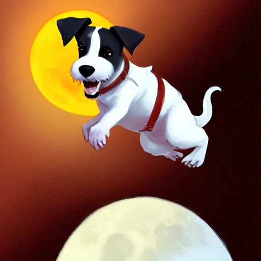 Image similar to cute jack black and white russel terrier jumping over a smiling moon, large round eyes, concept art, game art, character sheet, character design, by cory loftis and bill schwab