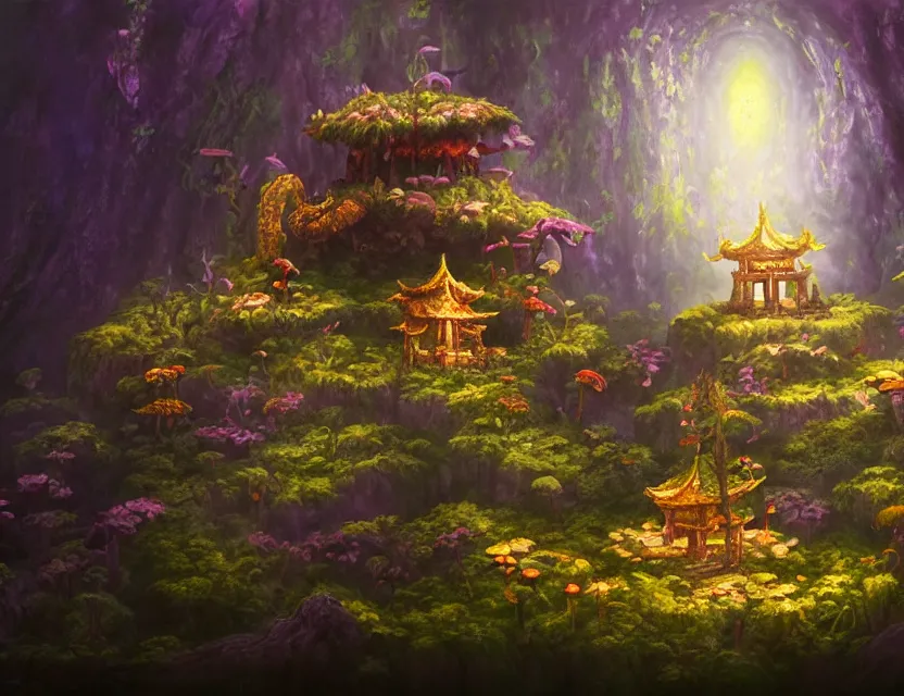 Prompt: fungus temple. oil painting by award - winning mangaka, bloom, chiaroscuro, backlighting, depth of field.