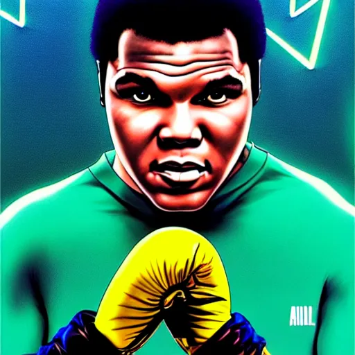 Prompt: [ muhammad ali ] with golden gloves made of electroluminescent energy, accurate and precise, coherent imagery cohesive improvisation ( movie poster art ) by andreas rocha and junji ito 8 k character portrait