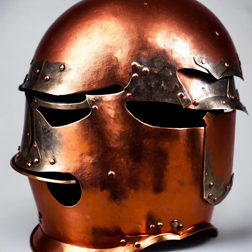 Image similar to a photo of a duel knight's helmet that is made of copper and gold, beautiful ornated details