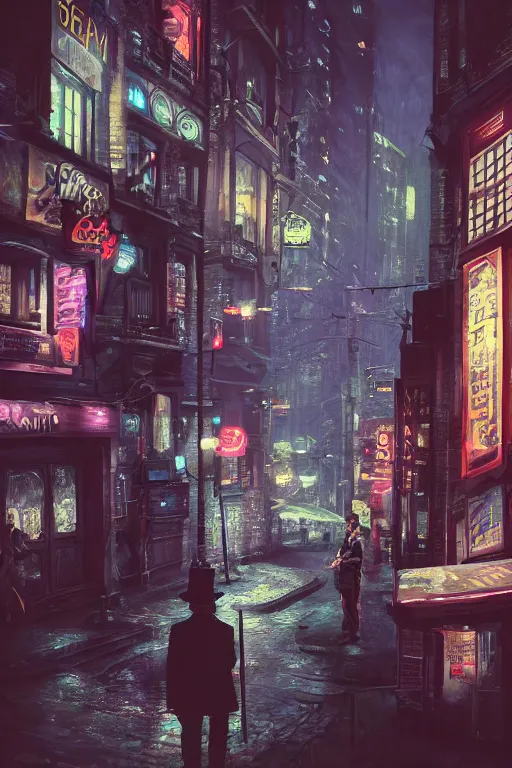 Prompt: sherlock holmes in a big city alley, wearing a hat and coat, looking onto the city buildings, photorealism, night ambiance, vaporwave colors, neon glow on structures, insane details, trending on artstation, cinematic moody colors, 8 k, 4 k