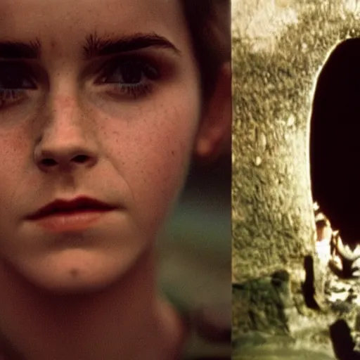 Image similar to film still, extreme far view, emma watson vietnam door gunner, film still from apocalypse now ( 1 9 7 9 ), 2 6 mm, kodak ektachrome, blue tint expired film,