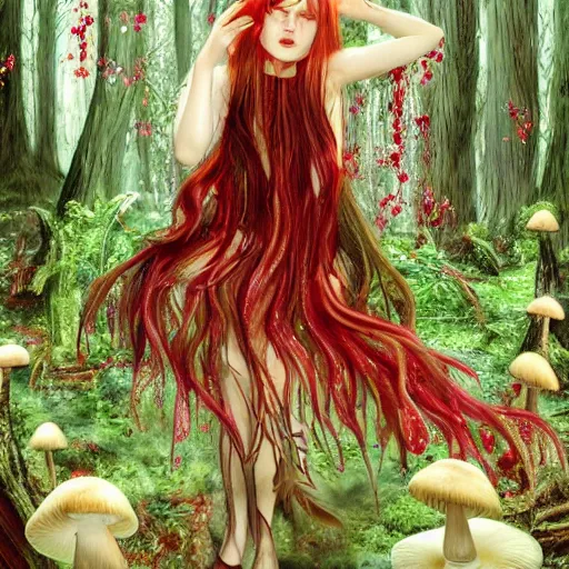 Image similar to Girl, long red hair, short bangs, in a beautiful skirt made of leaves with dewdrops on them, clothes, tiny mushrooms and forest on a dress, mushrooms decoration on the dress, on the background of a magickal forest, Designer clothes, vouge photo, fashion style, fullbody, in full growth, intricate, elegant, highly detailed, artstation, concept art, smooth, sharp focus, illustration, art by greg rutkowski and orientalism and bouguereau and Zdzislaw Beksinski, good clear quality, lighting, biology, symmetrical artwork, perfect face, 135 mm, cinematic, hyper realism, high detail, octane render, 8k, chrome accents