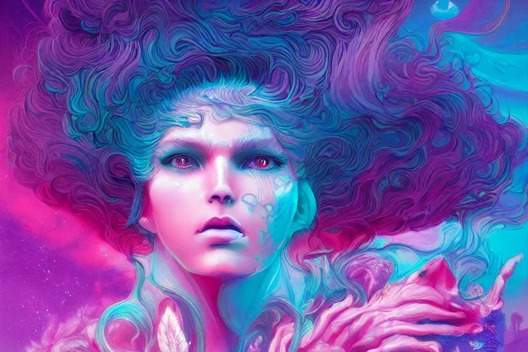 Image similar to muted vaporwave ombre. double exposure, druid of creativity, beautiful character fashion design, by josan gonzalez and paul lehr and david heskin and seb mckinnon and jared s. merantz and alex grey, hi - fructose, 8 k, digital matte painting