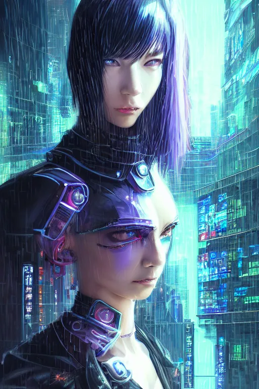 Image similar to portrait futuristic stunning cyberpunk young knights of Zodiac girl, in futuristic heavily raindrop tokyo rooftop cyberpunk night, ssci-fi, fantasy, intricate, very very beautiful, elegant, neon light, highly detailed, digital painting, concept art, human anatomy, soft light, hdri, smooth, sharp focus, illustration, art by tian zi and craig mullins and WLOP and alphonse mucha