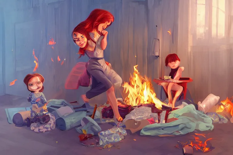 Image similar to a crazy housewife hurries up to pack daughter's things, surrounded with fire, clothes are flying around, digital art, trending on artstation