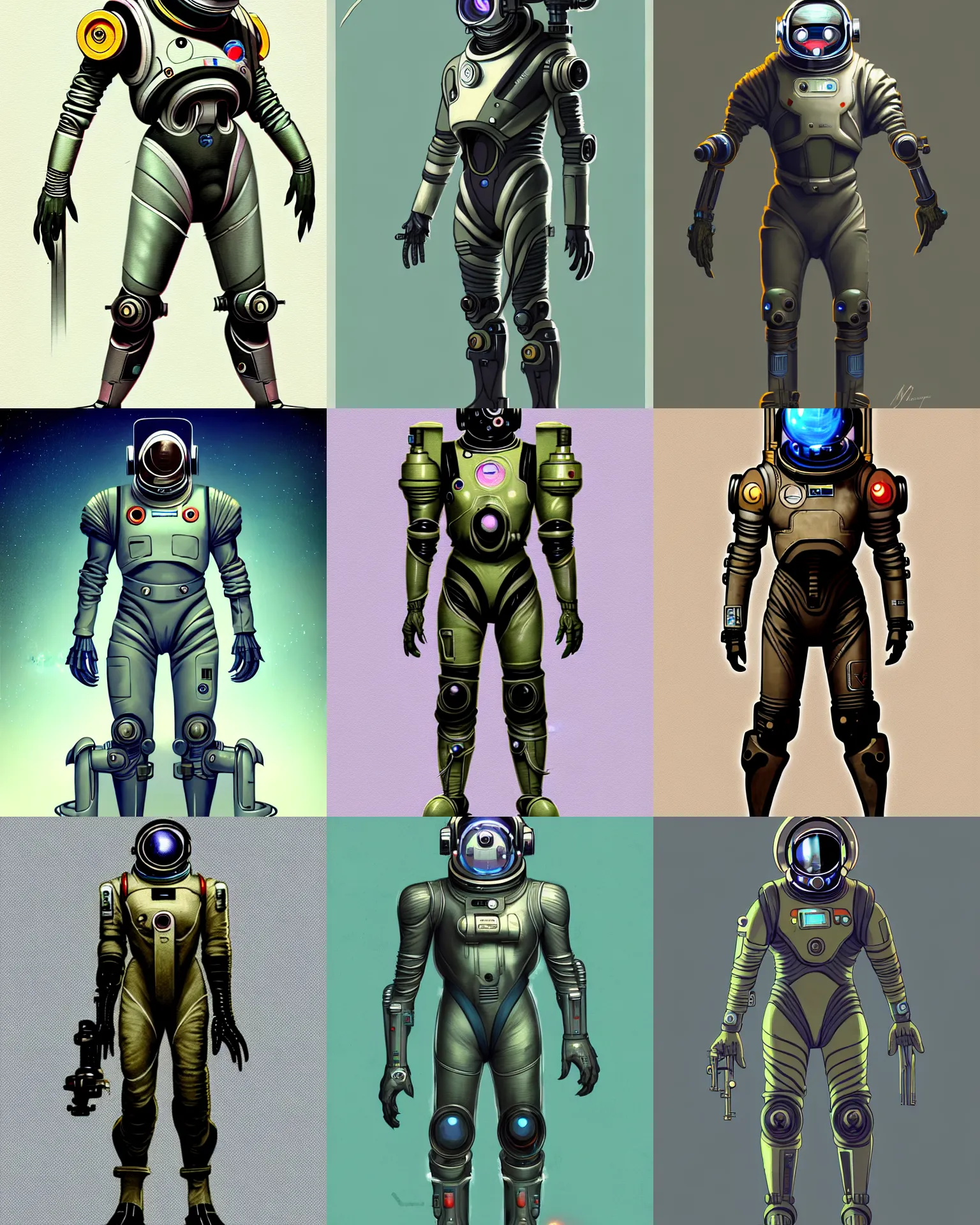 Prompt: full body portrait, bulky epic male concept art character of a space suit, 1 9 5 0 s retro future space suit, occult scifi design, h. r giger, half life, cute, stylized, heroic by jean baptiste monge, overwatch, muted color scheme, 8 k,