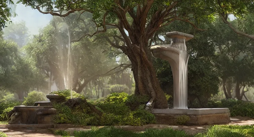 Prompt: a water fountain made out of a tree, concept art by Doug Chiang cinematic, realistic painting, high definition, digital art, symmetrical, very detailed, extremely high detail, photo realistic, concept art, unreal engine 5,