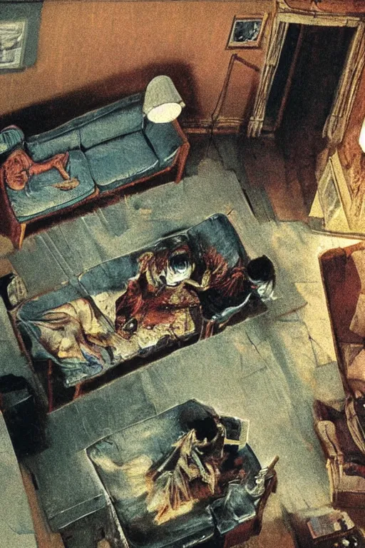 Prompt: realistic detailed image of an overhead view of an old couple sitting on a couch in old living room style of Francis Bacon and Greg Rutkowski, overhead view interior room, messy living room. Still from 1982 movie The Thing. Beksiński Masterpiece