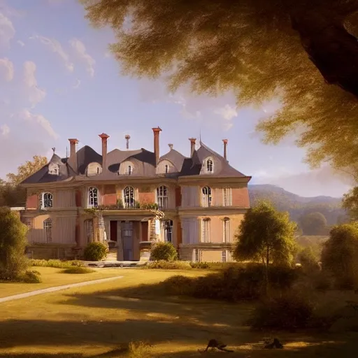 Image similar to a large serene beautiful matte painting of a quaint french country mansion, by asher brown durand and greg rutkowski, featured on artstation, blue and orange color scheme