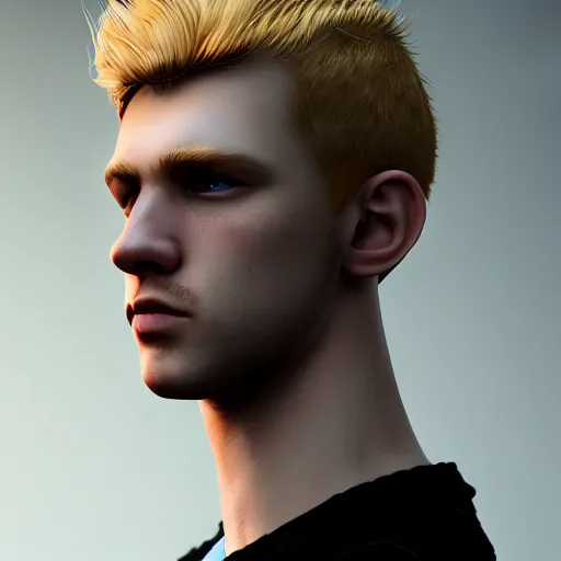 Image similar to A videogame portrait of a blond young Irish man. Male model. Dressed in 1980s style. Highly detailed, fine Art, high detail, great lighting, 8k resolution, masterpiece, concept art, illustration, clear eyes, painting oil on canvas, octane render, HDR, trending on artstation, 4k, 8k, HD