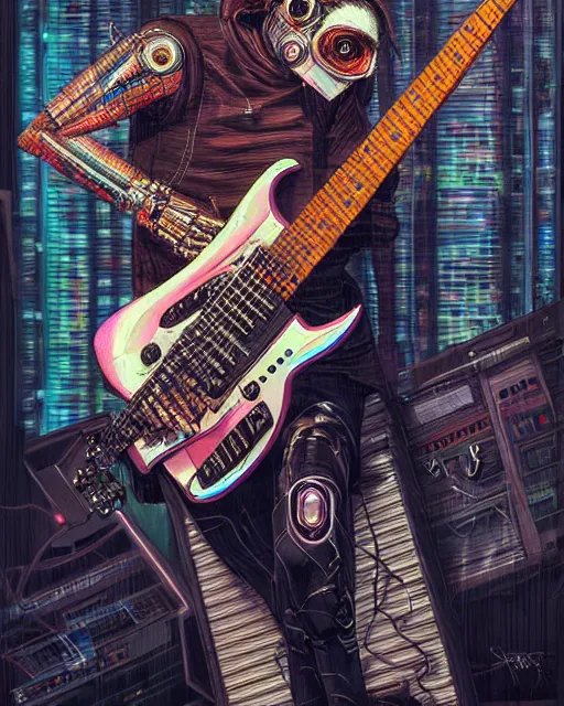 Image similar to a portrait of an anthropomorphic cyberpunk woolf shredding an electric guitar by sandra chevrier, by jon foster, detailed render, tape deck, epic composition, cybernetics, 4 k realistic, cryengine, realistic shaded lighting, sharp focus, masterpiece, by enki bilal