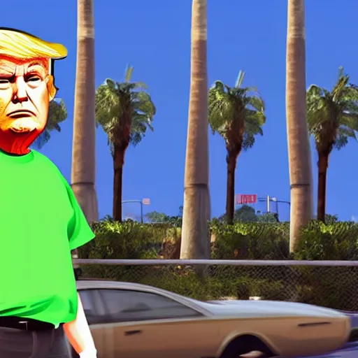 Image similar to Donald Trump in GTA V. Los Santos in the background, palm trees. In the art style of Stephen Bliss