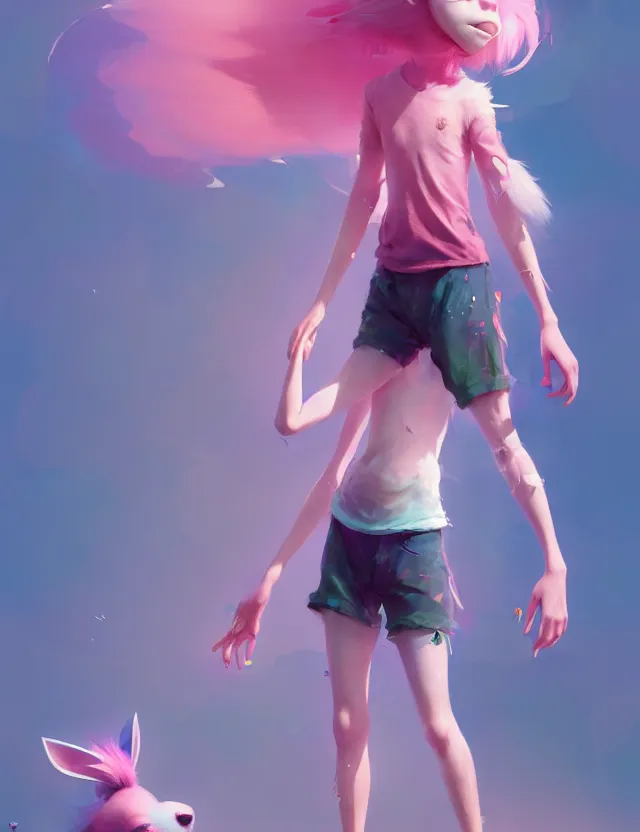 Image similar to beautiful cute boy with pink hair barefoot wearing tshirt and leggings under shorts. character design by cory loftis, fenghua zhong, ryohei hase, ismail inceoglu and ruan jia. artstation, volumetric light, detailed, photorealistic, fantasy, rendered in octane