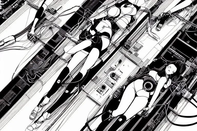 Image similar to a cyberpunk illustration of a group of three female androids in style of masamune shirow, lying on an empty, white floor with their bodies rotated in different poses and cables and wires coming out, by yukito kishiro and katsuhiro otomo, hyper-detailed, intricate, view from above