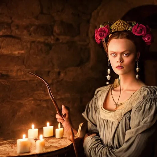 Image similar to frida gustavsson wearing 1 8 th century stay in a medieval tavern at night with candles, wow 4 k detail fantasy, matte painting, realistic materials, photo realistic, postprocessing, cinematic, hyperrealistic, studio lighting, ekaterina, the tudors, photography by richard jenkins