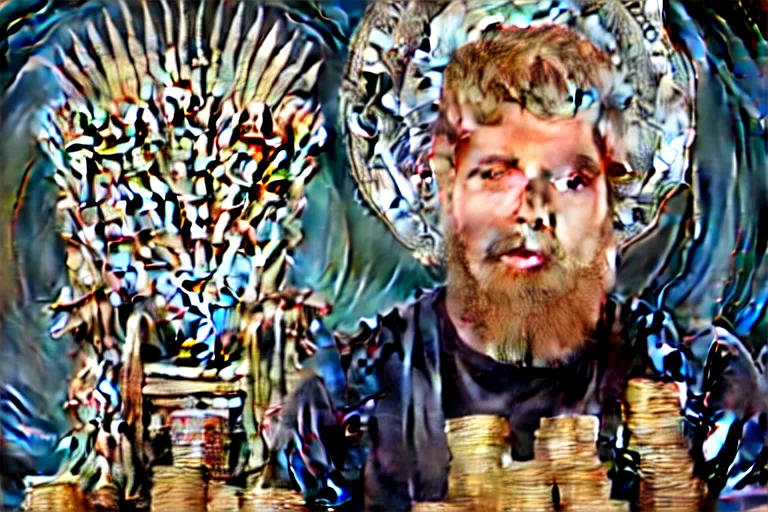 Prompt: man sitting, on a throne made of money, coins and dollars, in the style of game of thrones