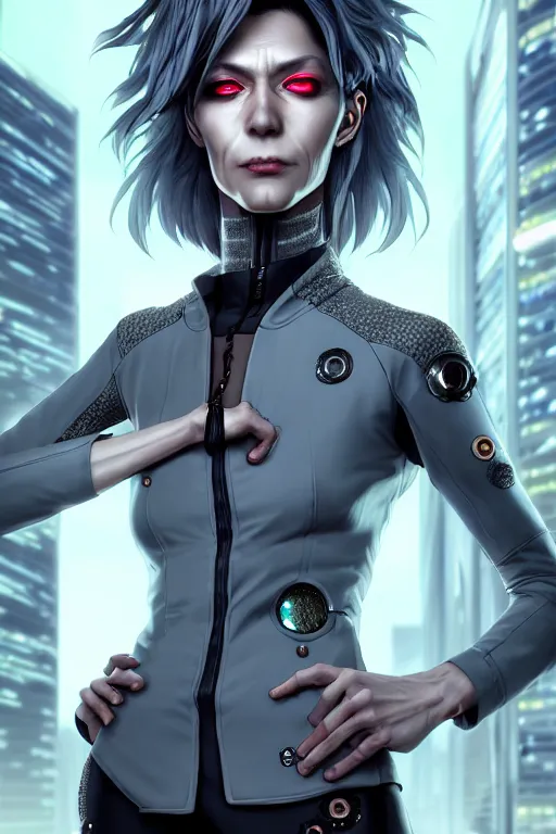 Image similar to hyperdetailed very close portrait of a european fourty years old skinny woman with grey eyes in a fabric suit with a pin in a cyberpunk city inspired by ross tran and wlop and masamune shirow and kuvshinov, concept art, intricate, photorealistic, octane render, rtx, hdr, unreal engine, dnd digital art by artgerm