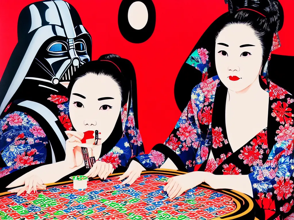 Image similar to hyperrealism composition of the detailed woman in a japanese kimono sitting at an extremely detailed poker table with darth vader, fireworks on the background, pop - art style, jacky tsai style, andy warhol style, acrylic on canvas