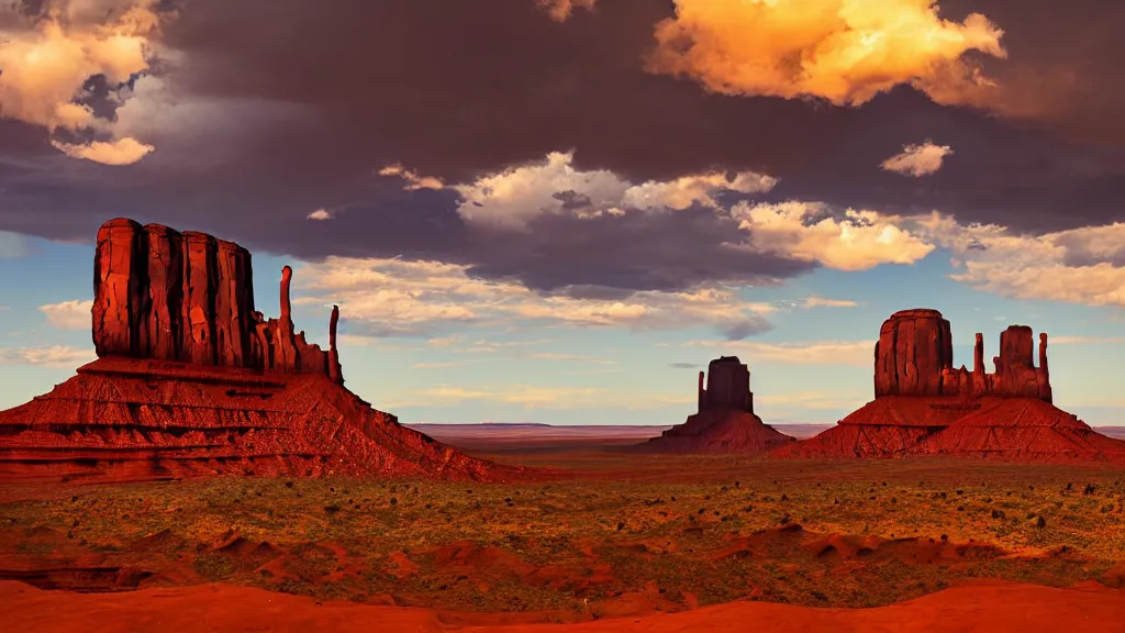 Image similar to an immense mountain dew logo painted on the side of monument valley rock formations, dramatic clouds, golden hour, sharp focus, cinematic, moody, imax