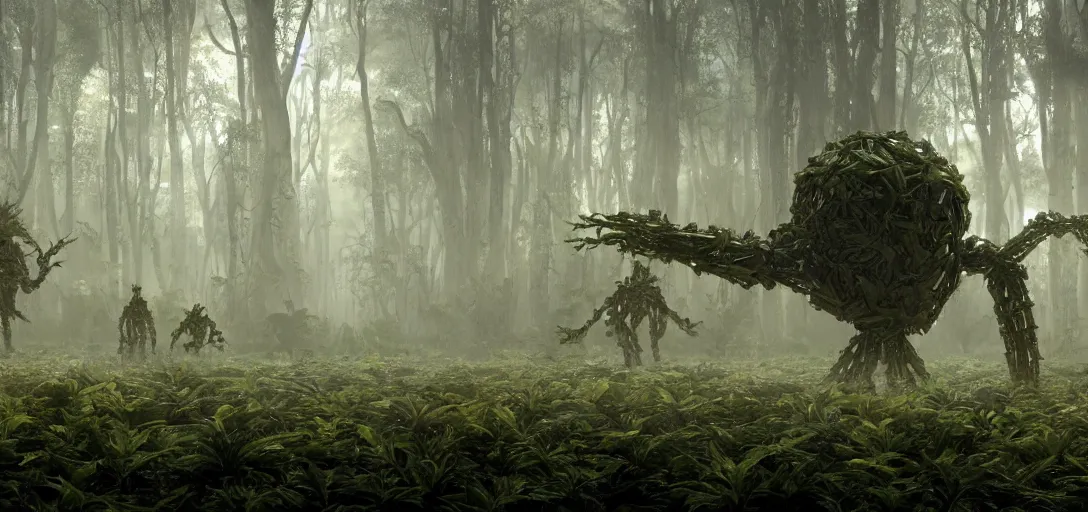 Prompt: a complex organic fractal 3 d metallic symbiotic ceramic humanoid megastructure creature in a swampy lush forest, surrounded by soldiers, foggy, sun rays, cinematic shot, photo still from movie by denis villeneuve, wayne barlowe