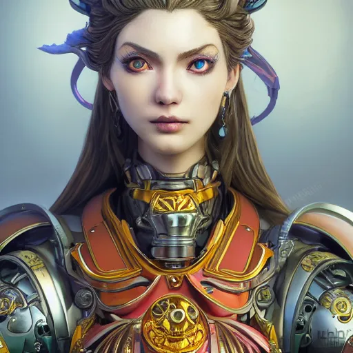 Image similar to studio portrait of lawful good colorful female holy mecha paladin absurdly beautiful, elegant, young sensual graceful woman, ultrafine hyperrealistic detailed face illustration by kim jung gi, irakli nadar, intricate linework, sharp focus, bright colors, matte, octopath traveler, final fantasy, unreal engine highly rendered, global illumination, radiant light, intricate environment