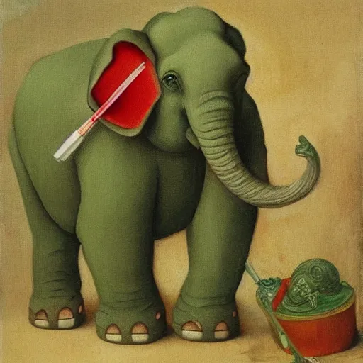 Image similar to cute little green elephant cleaning out a toilet with big toothbrush, dramatic, oil painting by Raphael