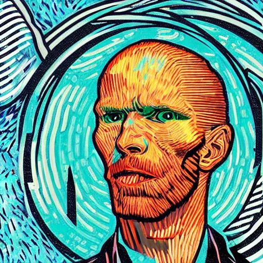 Image similar to Illustrated by Shepard Fairey and Greg Rutkpwski | Cyberpunk Van Gogh with VR helmet, surrounded by cables