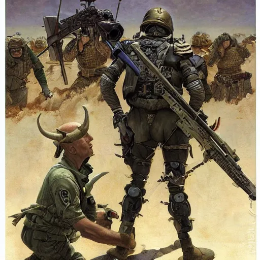 Image similar to a tactical soldier with his back to the viewer, looks up to see a giant woman with horns, by jon foster, gerald brom, wayne barlowe, and norman rockwell