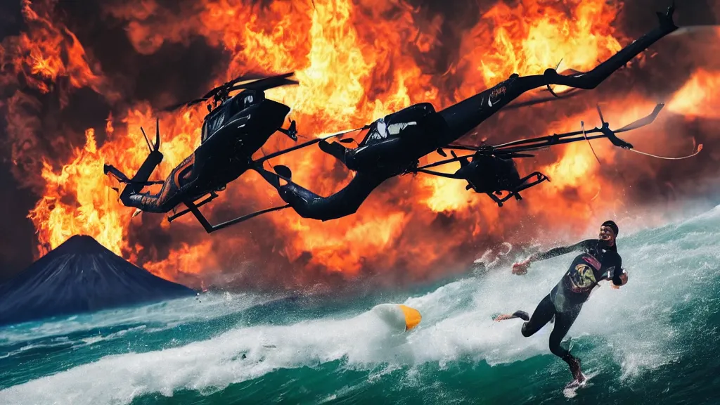 Image similar to person wearing a sponsored team jersey with logos jumping out of a helicopter with a surfboard into a volcano, action shot, dystopian, thick black smoke and fire, sharp focus