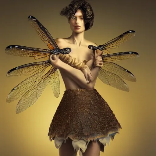 Image similar to brown woman wearing a shiny dragonfly armor. iridiscent. super detailed. layered. textured. award winning. dispersion of light. refracted lighting. soft. fragile. by ray caesar. by louise dahl - wolfe. by andrea kowch. surreal photoraphy