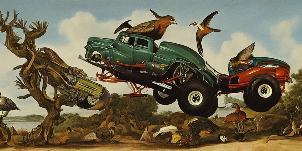 Prompt: Monster truck, in the style of birds of america, painting by john james audubon