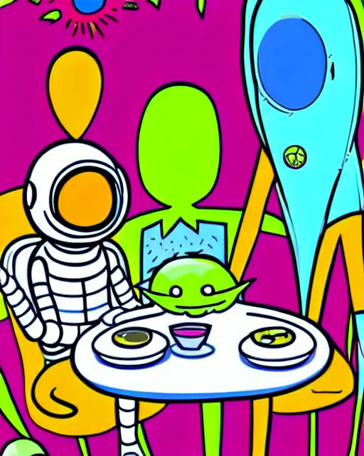 Image similar to an illustration of an astronaut meeting an alien for afternoon tea. funny. detailed. colorful. psychedelic