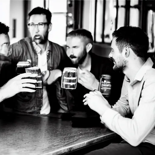 Prompt: a high quality image of five men drinking beer and talking intelligently in pub, detailed photograph, black and white photography, street photography