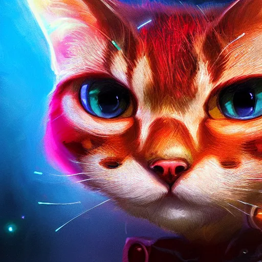 Image similar to close up of furious teemo from league of legends as a red american shorthair cat, vivid color, neon color, intricate detail, digital painting, particles floating, whimsical background by marc simonetti, artwork by ross tran + ramond swanland + liam wong