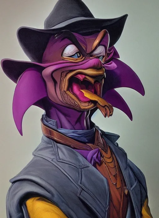 Image similar to portrait of Darkwing Duck from Society (1989), intricate, highly detailed, centered, digital painting, artstation, concept art, smooth, sharp focus, illustration, artgerm, donato giancola, Joseph Christian Leyendecker, WLOP, Artgerm