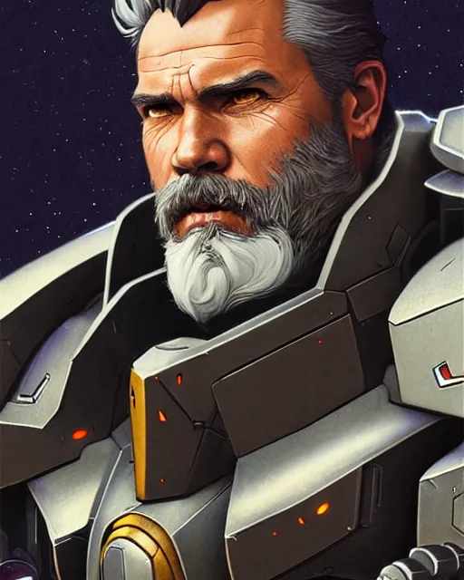 Prompt: reinhardt from overwatch, josh brolin, gray hair and beard, character portrait, portrait, close up, concept art, intricate details, highly detailed, vintage sci - fi poster, vintage sci - fi art, retro future, in the style of chris foss, rodger dean, moebius, michael whelan, and gustave dore