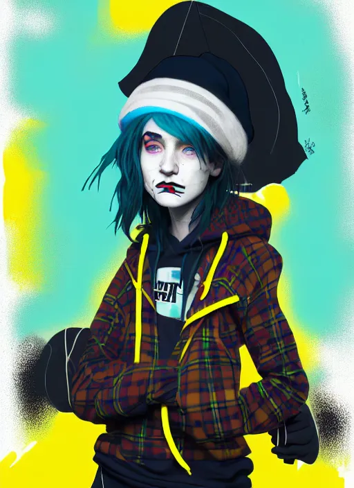 Image similar to highly detailed portrait of a sewer punk lady student, blue eyes, tartan hoody, hat, white hair by atey ghailan, gradient yellow, black, brown and cyan color scheme, grunge aesthetic!!! ( ( graffiti tag wall ) )