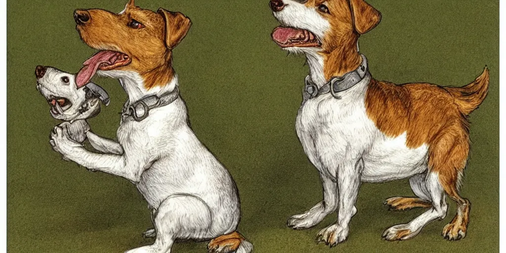 Image similar to jack russel dog, highly detailed, side view, howling, illustrated by peggy fortnum and beatrix potter and sir john tenniel