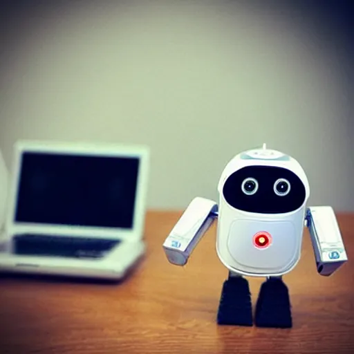 Image similar to “a cute mini robot using a laptop”