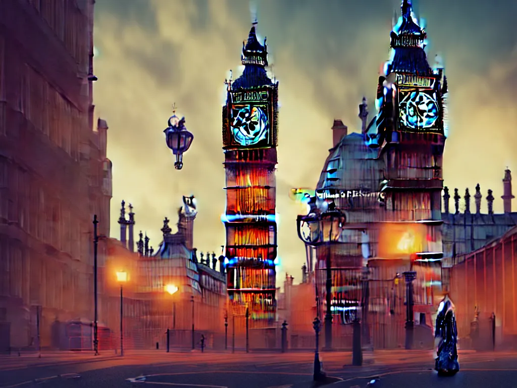 Prompt: a giant ancient beautiful cyborg of the elder gods with pipes and tubes in the city of London, London streets with bigben in the background, colourful, dramatic lighting, golden hour, very detailed octane render very realistic beautiful