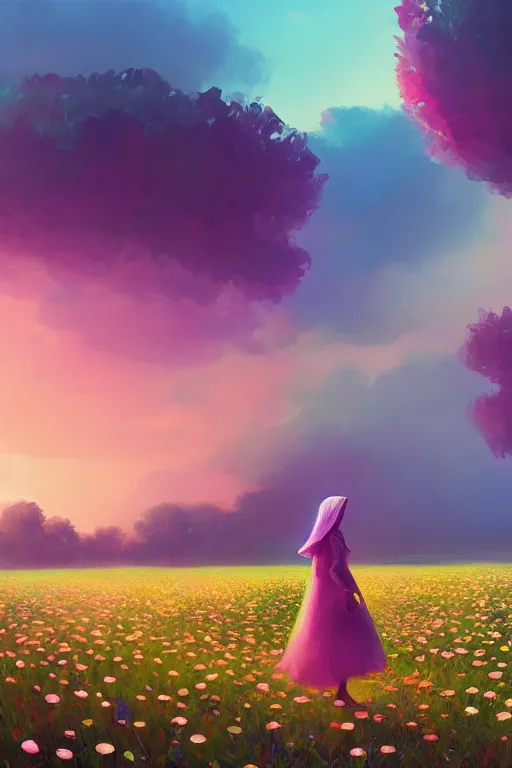 Prompt: giant daisy flower head, girl with veil walking in a flower field, surreal photography, sunrise, dramatic light, impressionist painting, colorful clouds, digital painting, artstation, simon stalenhag