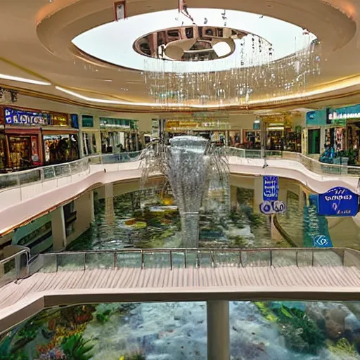 Image similar to photo of inside a shopping mall the inside is flooded with over 7 meters of water clear beautiful water, highly detailed.