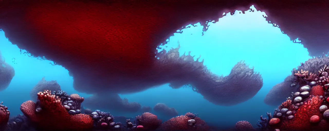 Image similar to A gorgeous detailed oil of a dark red sea covered in big blue steep rocks, a school of piranhas underwater, the further away the mistier it gets, surreal, concept art, dark aesthetic, atmospheric, moody, hyperrealism, highly detailed, masterpiece, award winning, 4k, unreal engine