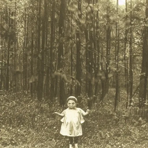 Prompt: old photo of a floating child in the middle of a forest