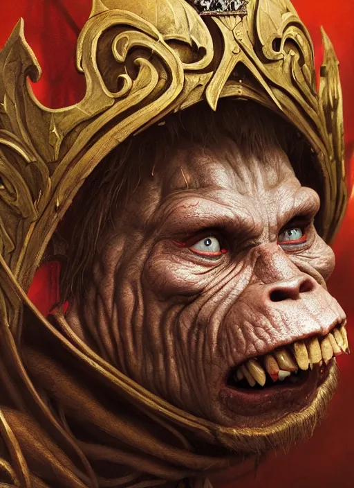 Image similar to highly detailed closeup portrait of a medieval goblin wearing a crown, stephen bliss, unreal engine, greg rutkowski, ilya kuvshinov, ross draws, hyung tae and frank frazetta, tom bagshaw, tom whalen, nicoletta ceccoli, mark ryden, earl norem, global illumination, god rays, detailed and intricate environment