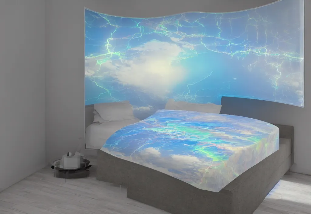 Image similar to curved translucent bedsheets projecting 3 d detailed florida storm holographic volumetric weathermap, pixel perfect photograph, high contrast, volumetric lighting, thin glowing lights, bedroom, visor, users, pair of keycards on table