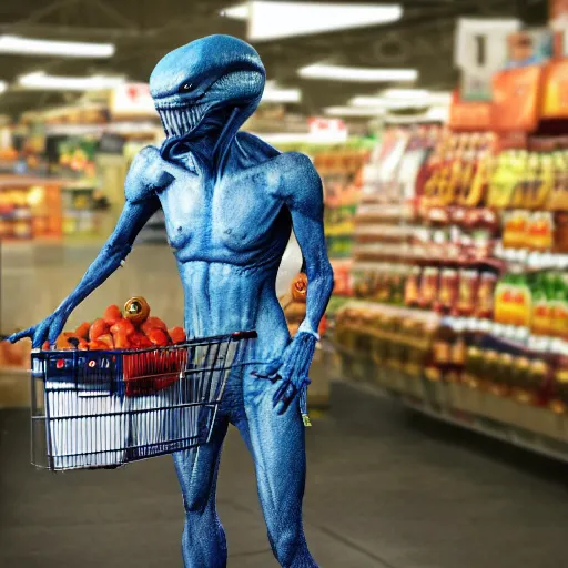 Image similar to mid shot of an realistic alien dressed by emidio tucci buying groceries at the store, shot by amanda carlson and alex strelkovv, professional photo, masterpiece, very detailed, hyper - realistic, unreal engine, straight face, cinematic, 4 k